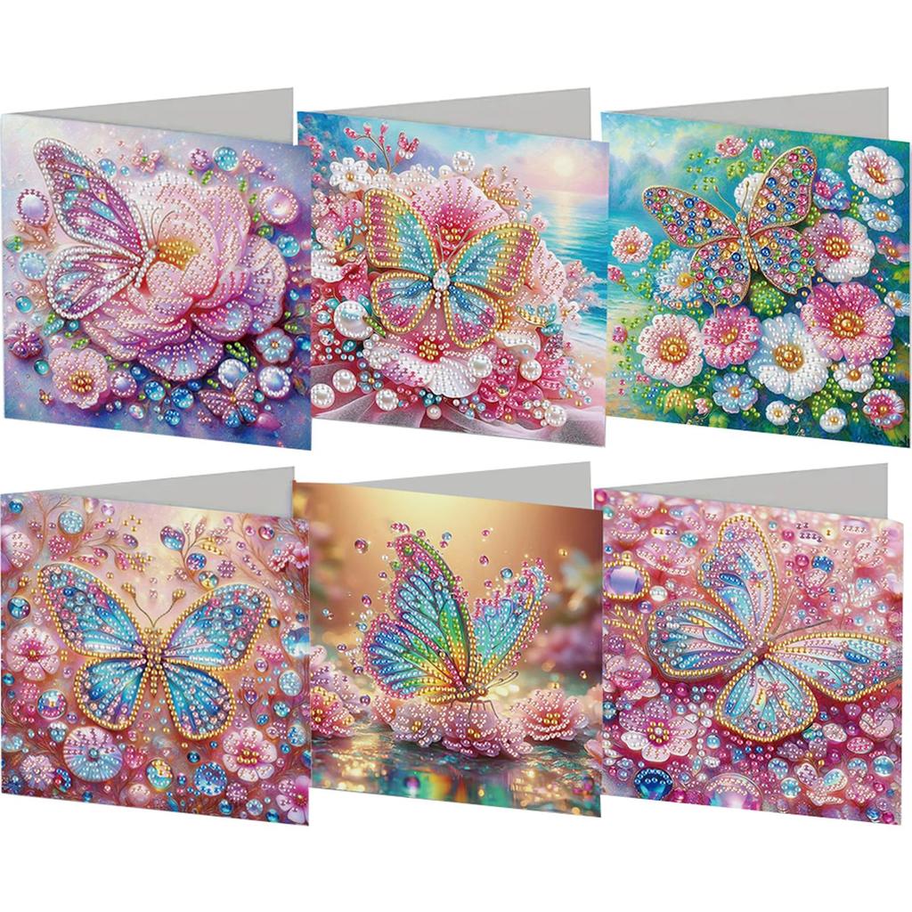 6Pcs Flower Butterfly Rhinestone Painting Card Kit Diamond Drawing Card Diamond Painting Greeting Card for Holiday Party Favors