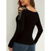 Syiwidii Fashion Spliced Diamond Shirts for Women V Neck Hollow Out Long Sleeve T Shirt Elegant Temperament Slim Tops