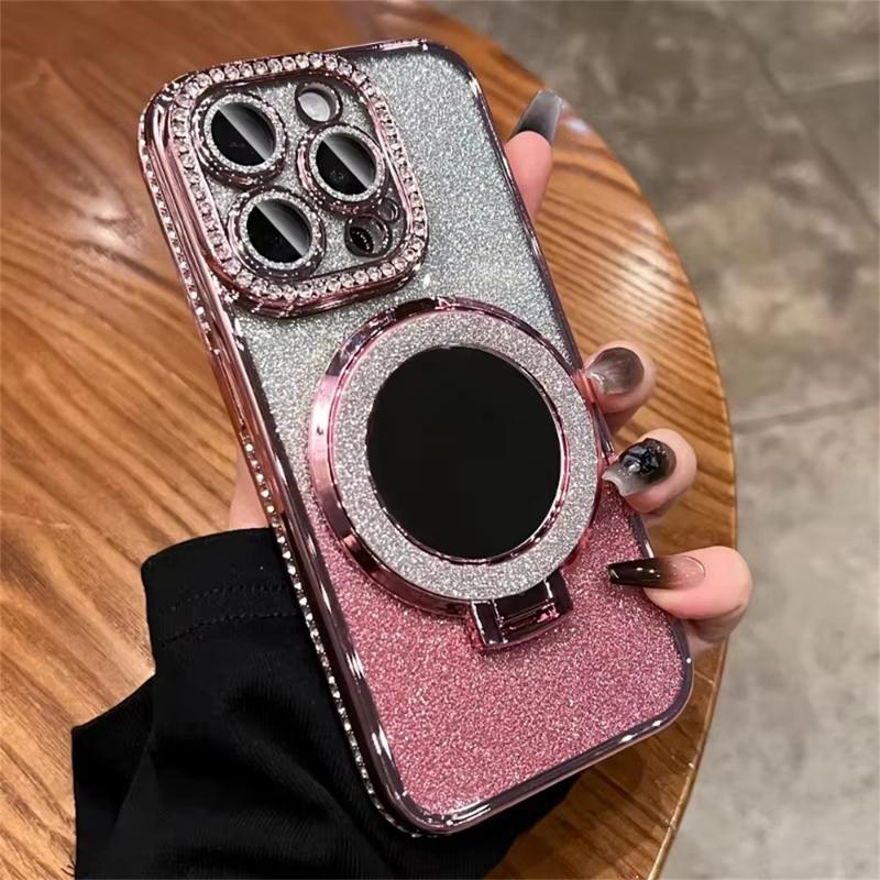 Diamond Glitter For Magsafe Bracket Phone Cases For iPhone 17 16 15 14 13 12 11 Pro Max Air Mirror Magnetic Holder Stand Cover