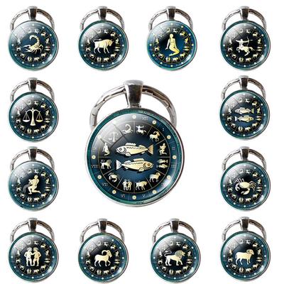 Single Face Round Glass 12 Constellation Zodiac Sign Pendant Key Ring Keychain