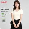 Baleno Women's Basic Pure Color V-Neck Short Sleeve T-Shirt