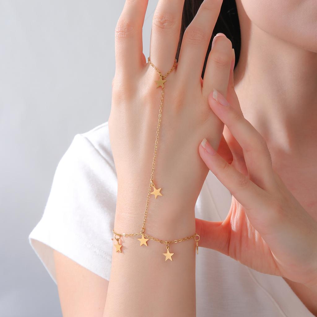 Trendy Gold Color Stars Finger Bracelet Stainless Steel Women's Hand Bracelet Ring Jewelry Birthday Gift 2026 Wholesale New
