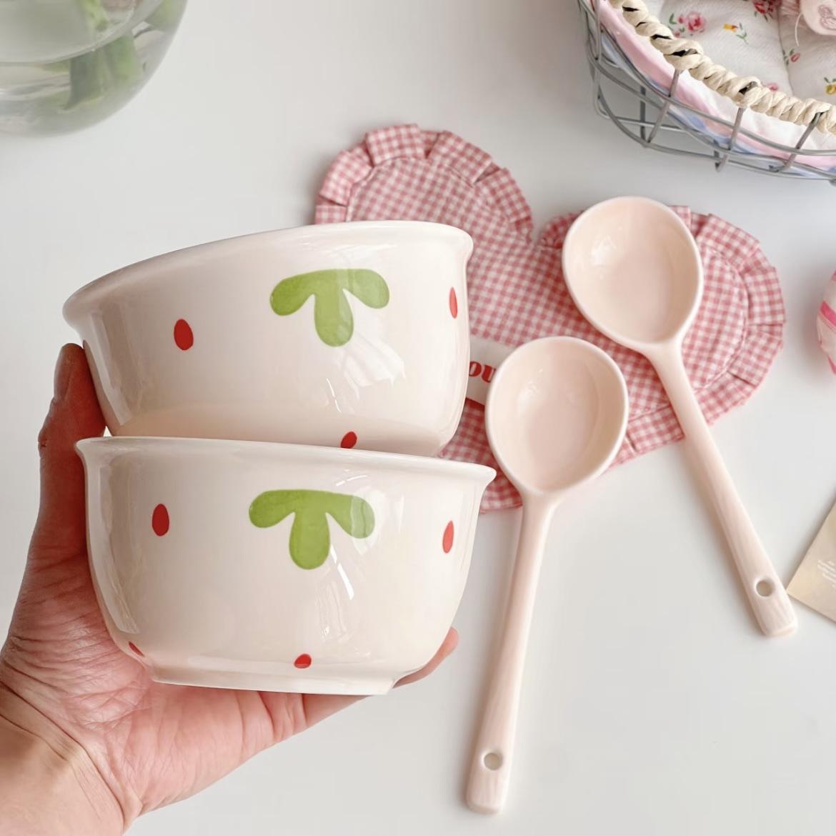 2/4Set Cute Pink Strawberry Ceramic Bowl Kawaii Ceramic Anti-scald Soup Bowl Home Kitchen Noodle Ramen Tableware Bowl