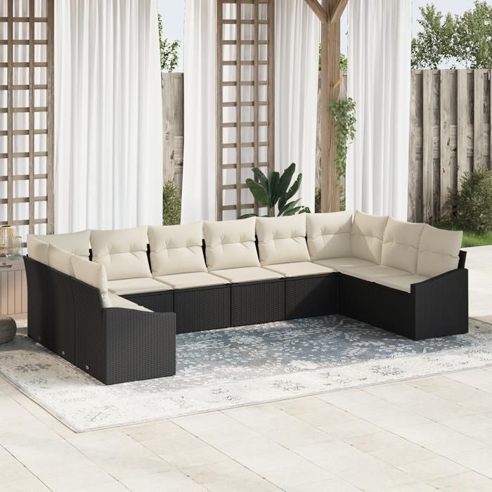 VidaXL Ensemble de salle à manger de jardin de 10 pièces avec coussins en poly rattan noir 3355566