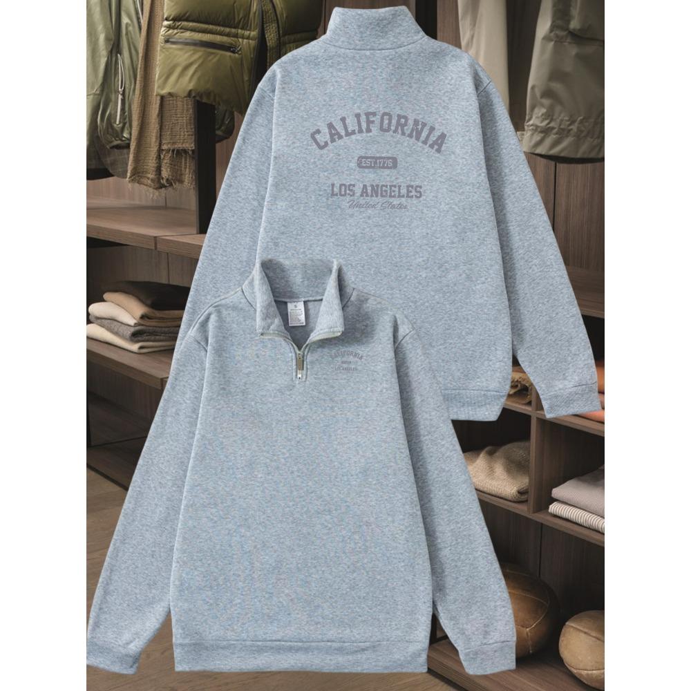 Men's Printed Sweatshirt - Loose Round Neck Half Zip Sweatshirt with California Lettering, Autumn and Winter Casual Pullover Sweatshirt