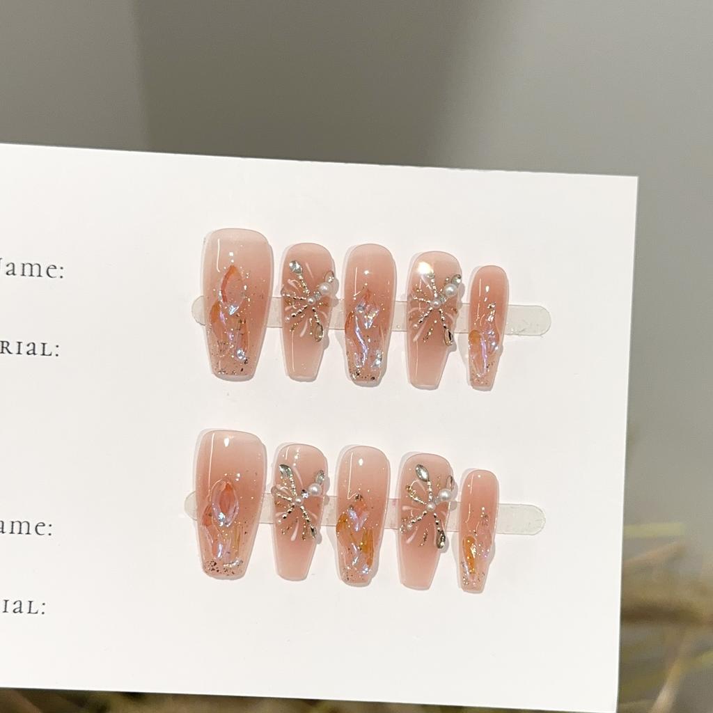 Pure‑Handmade Finished Press‑On Nails Pink‑Blush Firework‑Style Light‑Luxury Rhinestone Sparkling False Nail Patches