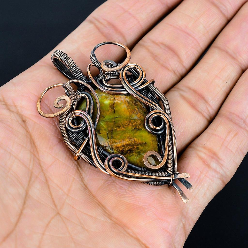 Green Opal 999 Copper Wire Wrapped Pendant, Handmade Gemstone Jewelry Pendant Gift For Birthday