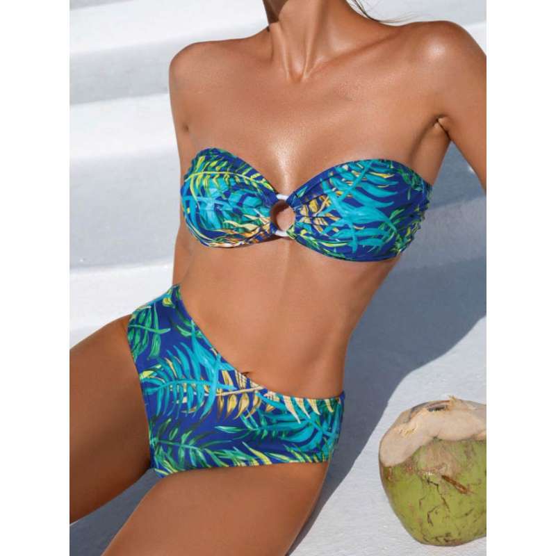 Swimsuit Women's New Print Tube Top Gathering Swimsuit High Waist and Thin Sexy Split Bikini Beach Vacation Swimsuit