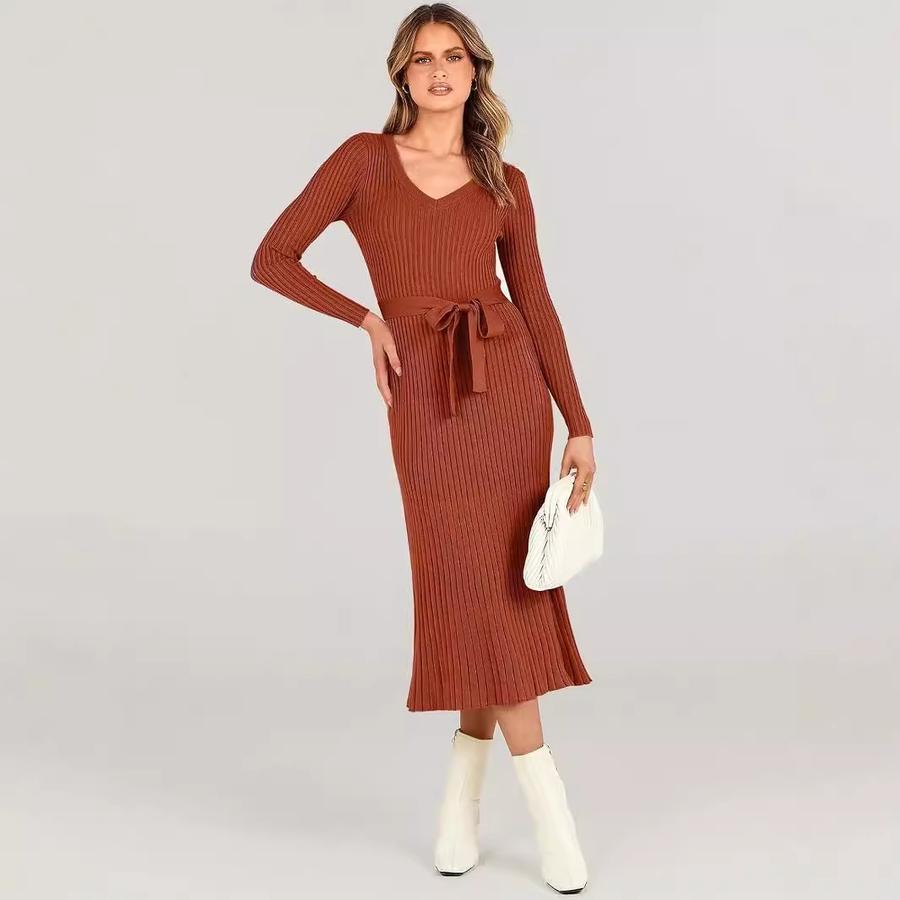 

Knitted Long Sleeve Dress for Women, Tulle Ruched Waist Maxi Dress, Solid Color V-Neck Bodycon Dress 2XL кармін