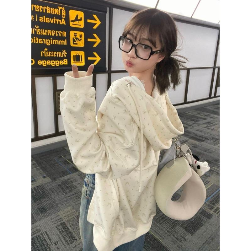 

Худи для женщин на осень и зиму Новая повседневная спортивная куртка на молнии Ленивое ретро худи с бантом XXL