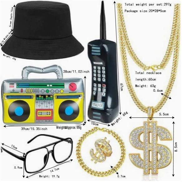 Męski Zestaw Cosplay Hip-Hop Punk: Naszyjnik Dolarowy, Pierścionek, Kapelusz Bucket Hat i Okulary