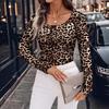 Camiseta casual de manga larga para mujer con estampado de leopardo, botones, corte slim, para primavera y otoño