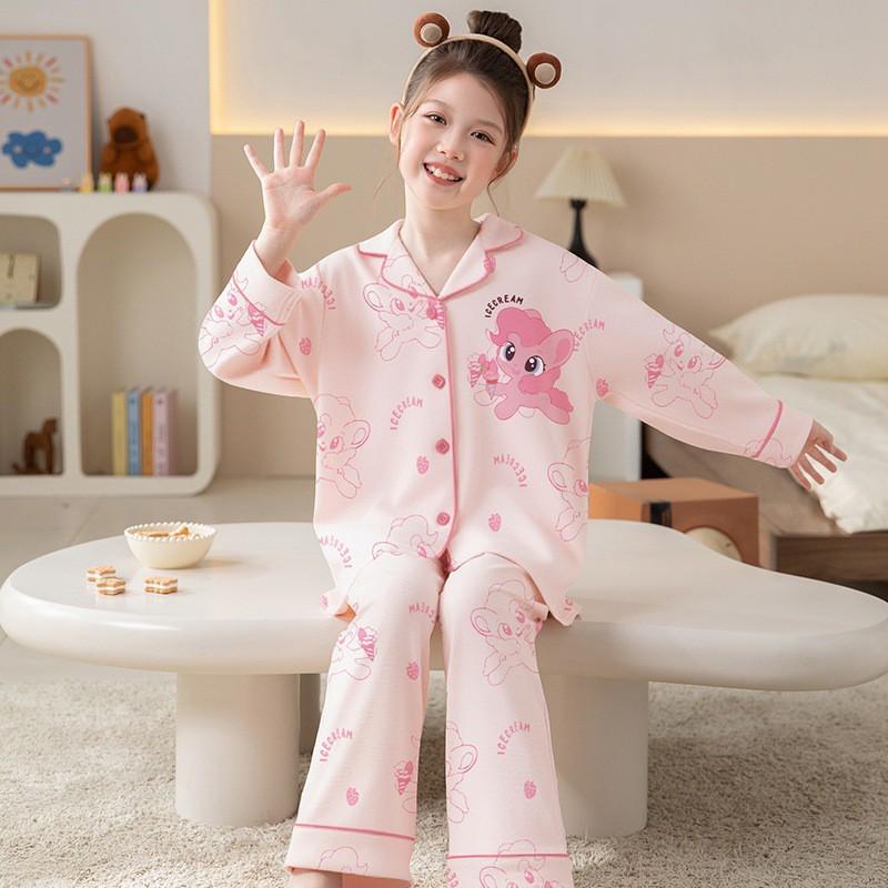 Girls Cotton Pajama Set With Collar Long Sleeve Cartoon Print Fall Kids Sleepwear Comfortable Home Outfit
