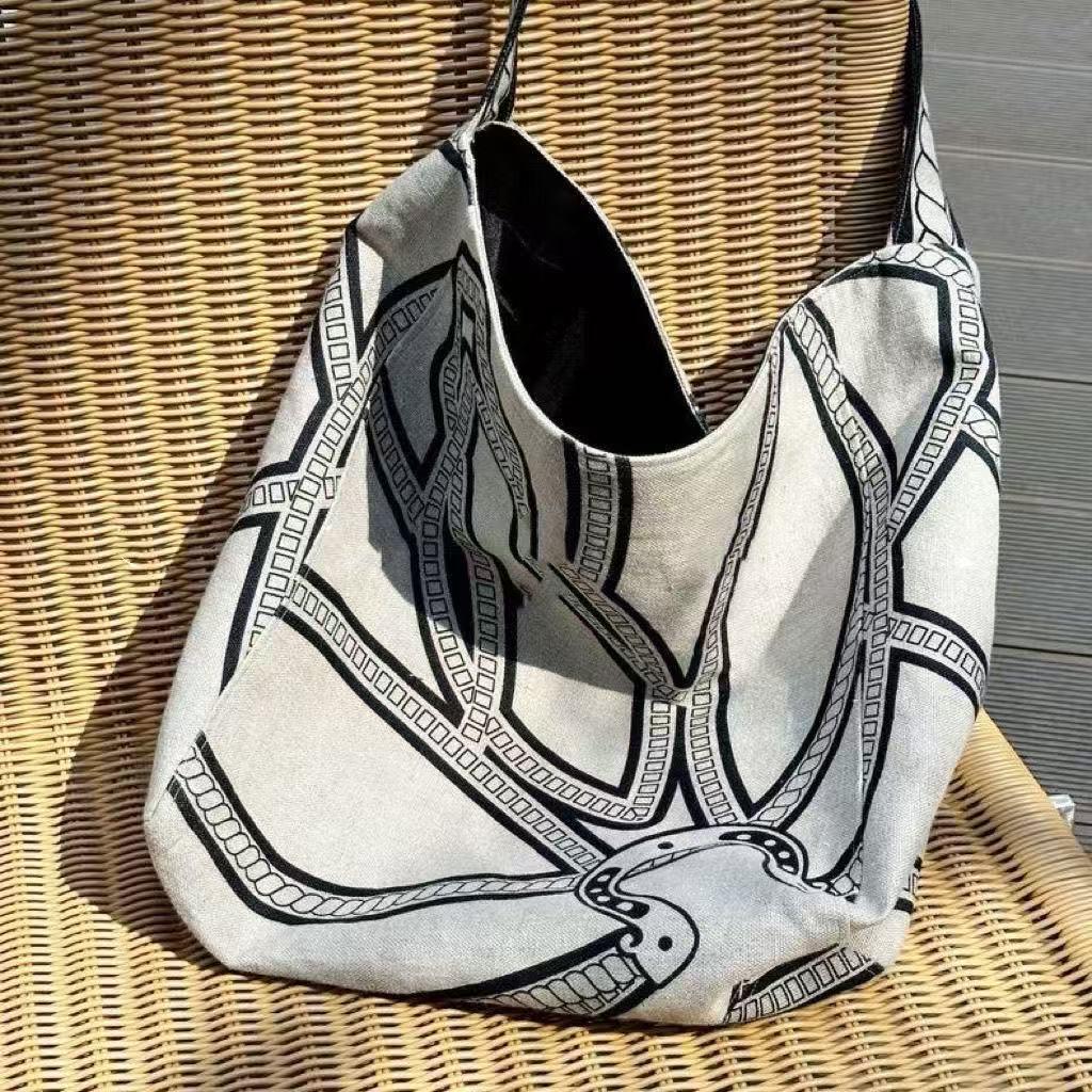 Linen Large Capacity Canvas Tote - Natural Woven Cloth Bag with Totem Design