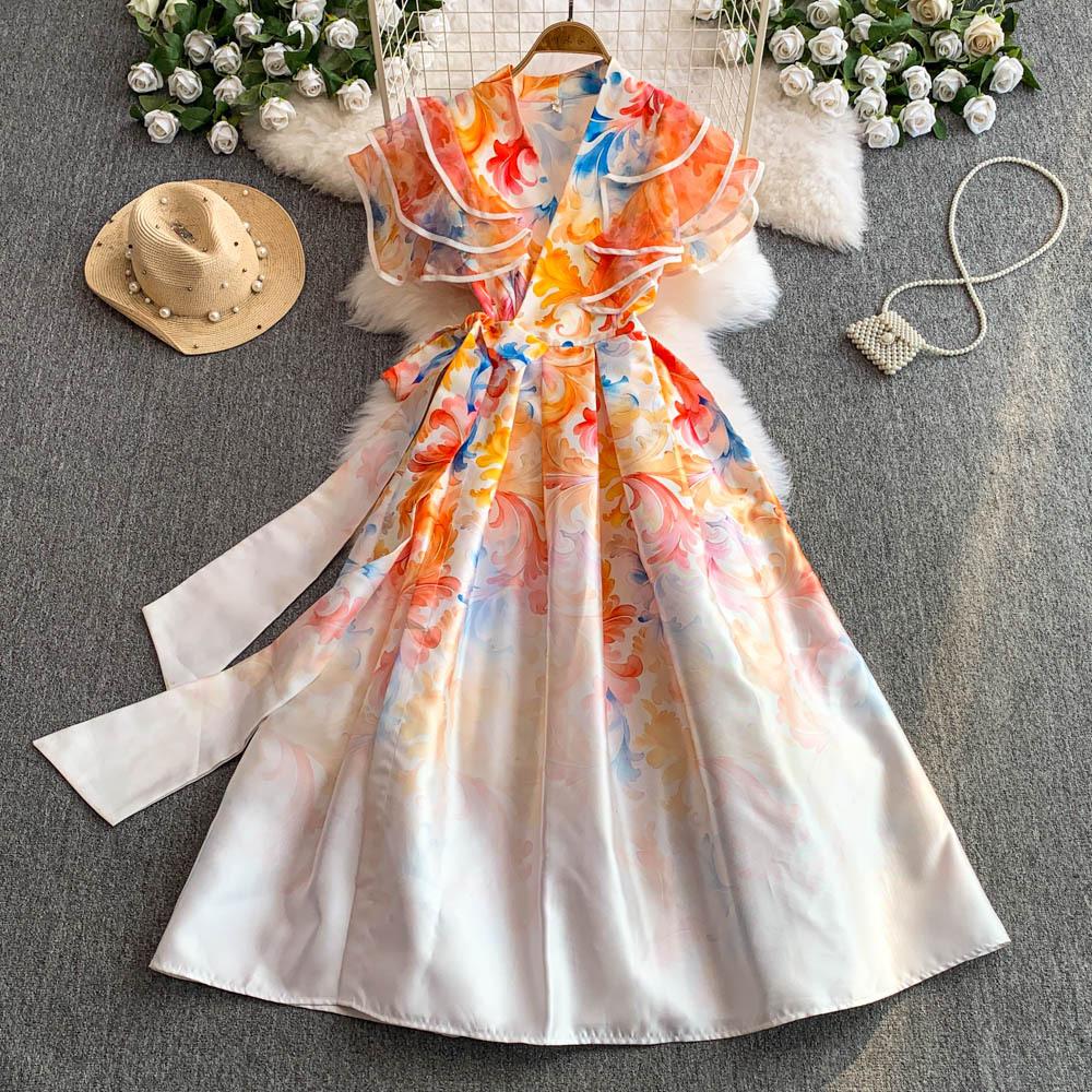 Rochii Lungi Elegante cu Imprimeu Floral Femei Vară Vacanță Mânecă cu Volane Dintr-o Bucată Petrecere Vintage Retro Rochii de Seară