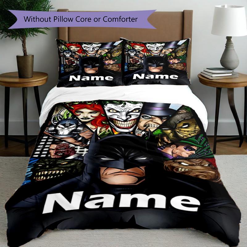 3pcs Duvet Cover Set (1*Duvet Cover + 2*Pillowcase, Without Core), Custom Name Batman Pattern Bedding Set, Home Bedroom Decor Gift