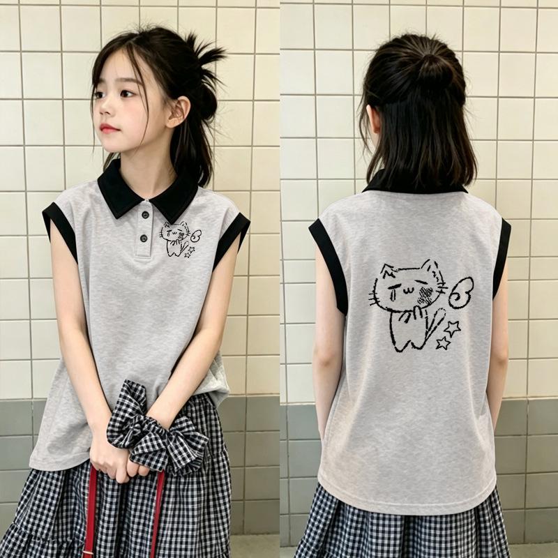 Girls' Summer Color Block Cotton Vest T-shirt - Fashionable Sleeveless Lapel Top for Medium and Large Children