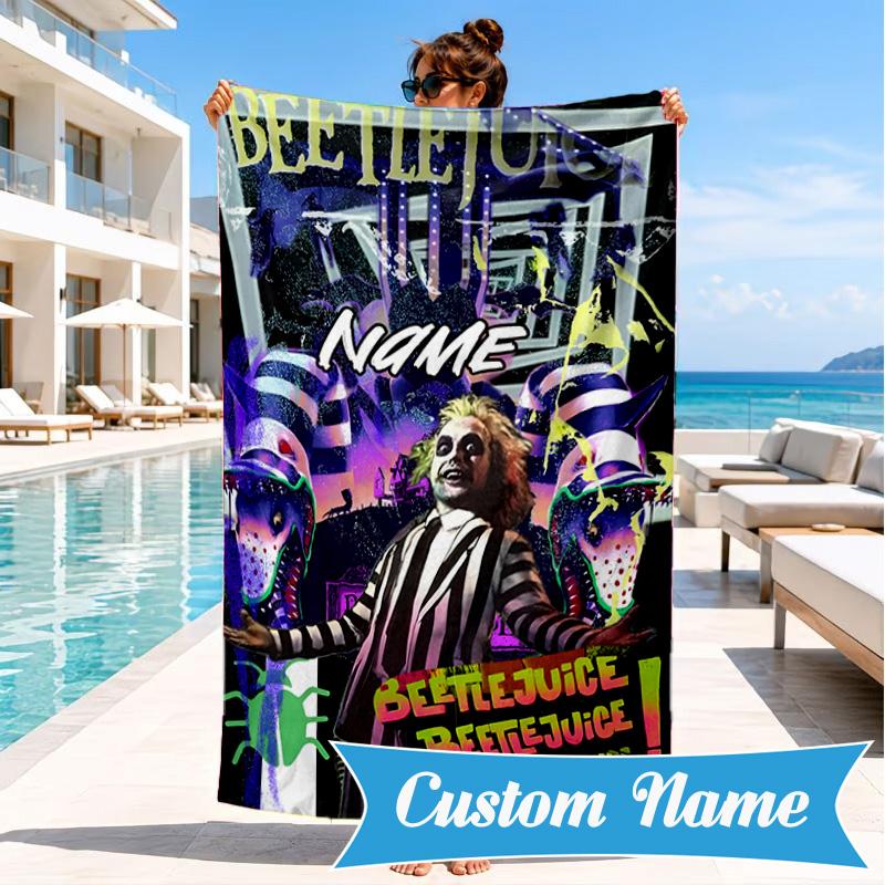 Custom Name Beetlejuice Horror Beach Towel Microfiber Beach Towel, Lightweight and Quick-Dry, for Summer Travel, Swimming Pool Gift