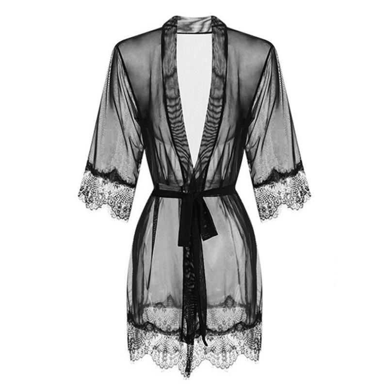 Sissy Lingerie Men'S Crossdress Sexy Mesh Pajamas Japanese Pseudonyms Transparent Lace Edge Bathrobes Short-Sleeved Loungewear