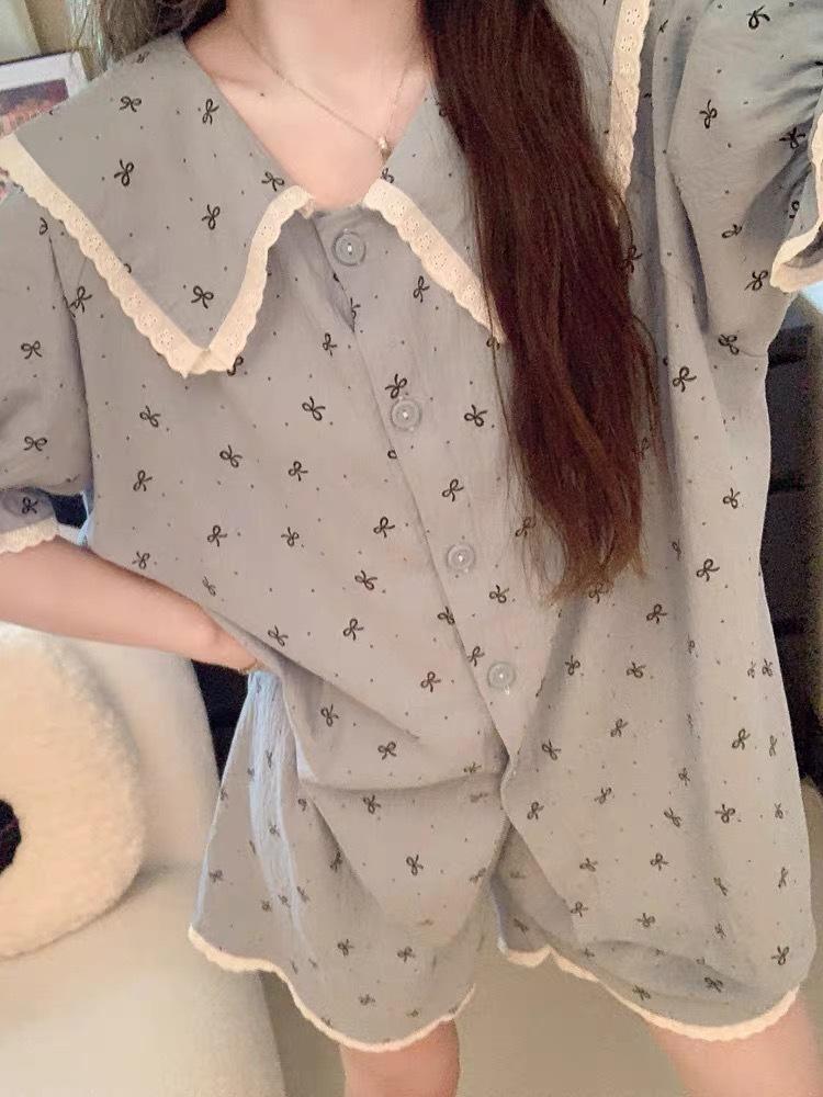 

Sweet blue polka dot pajamas women s summer short-sleeved shorts doll collar two-piece set soft cute loungewear can be worn outside S