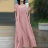 Vestido Maxi de Algodón y Lino de Verano para Mujer, Vintage Artístico de Color Sólido con Cuello Redondo de Manga Corta Holgado Talla Grande Casual Largo
