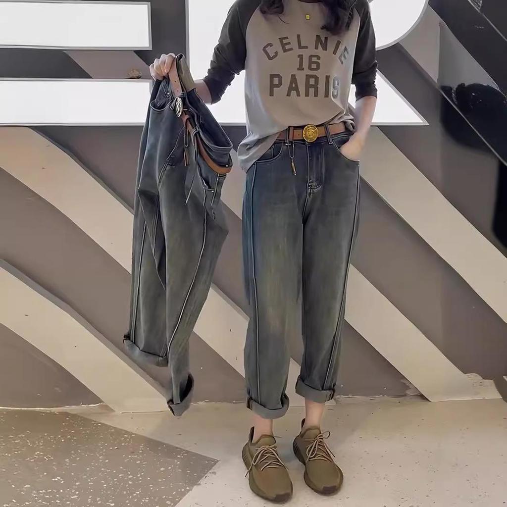 Women's Plus Size High-Waisted Slimming Straight-Leg Jeans - Autumn/Winter Loose Fit Harem Pants