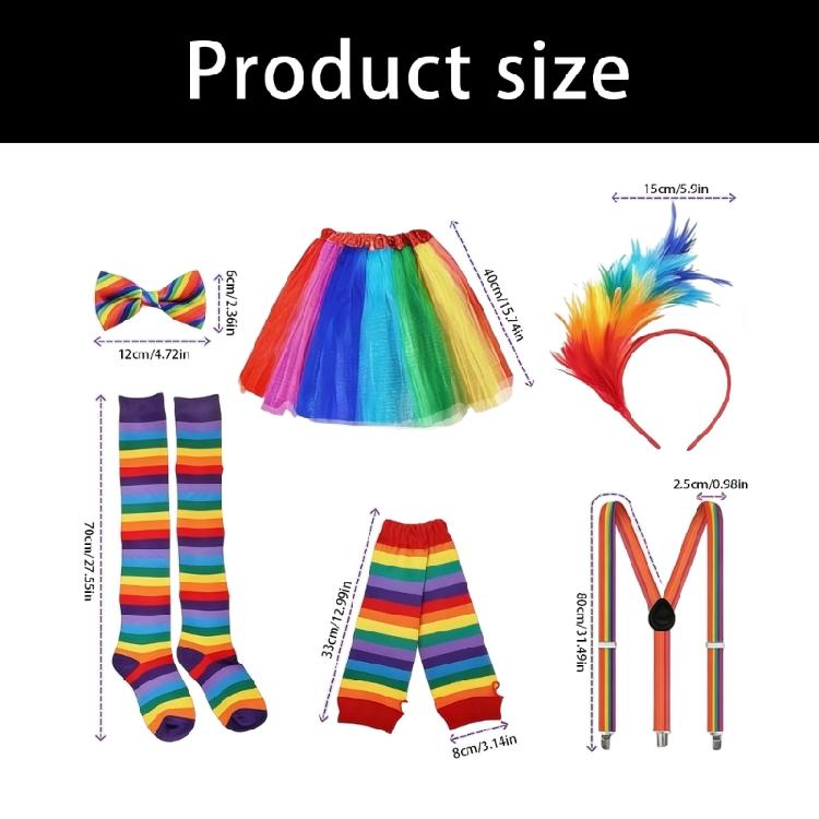 Clown Kostüm Set Feder Stirnband Regenbogen Tutu Rock Handschuhe Socken Hosenträger Fliege Zirkus Outfit Halloween Kostüm