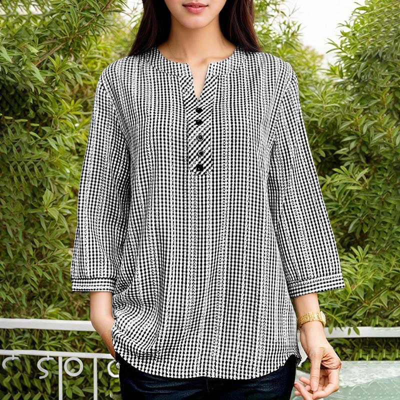 ZANZEA Women Casual Round Neck Grid Print Loose 3/4 Sleeve Blouse