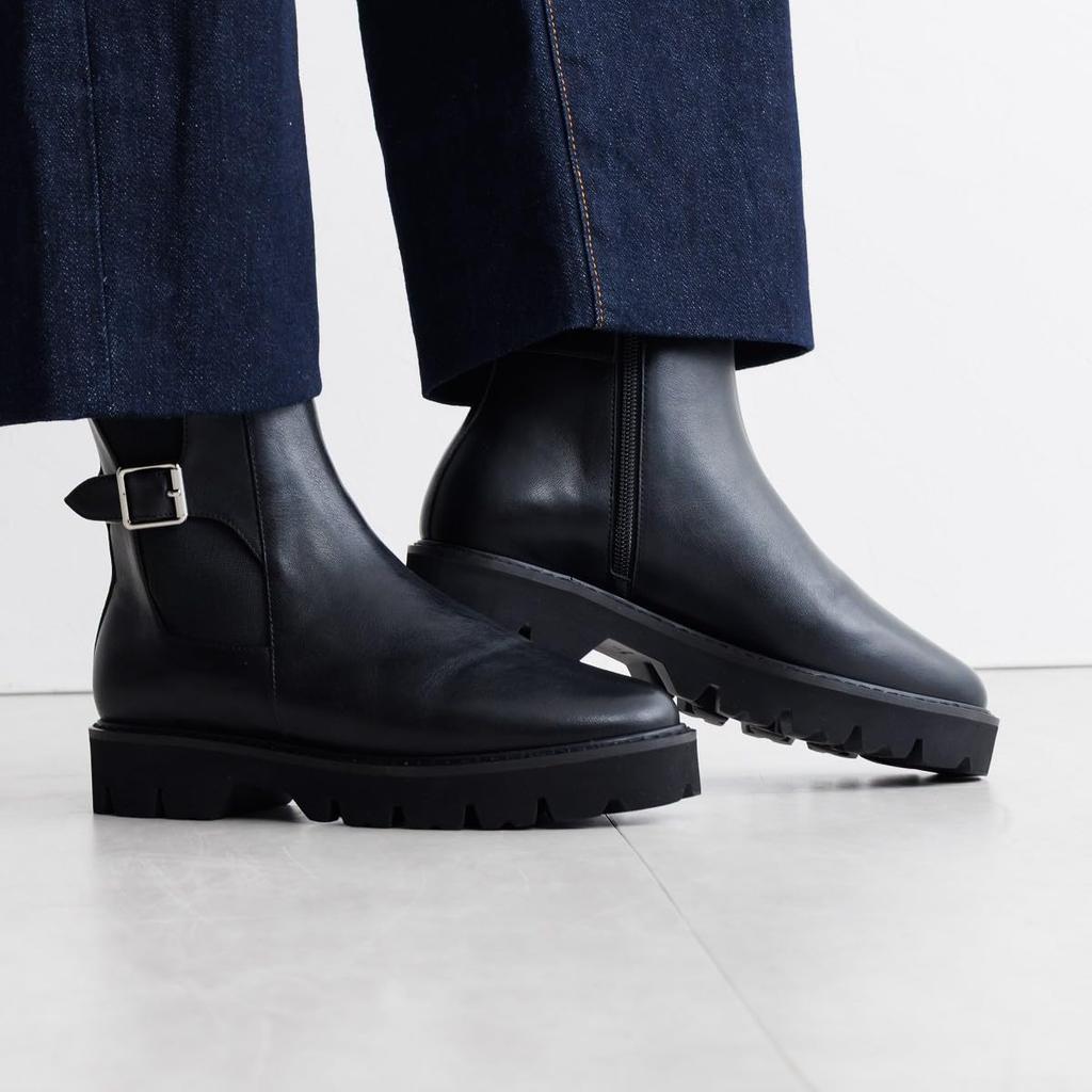 Genuine leather cushioned thick sole, lightweight sole, made in Japan, HIMIKO Himiko track sole side gore belt boots, 651406, black, size 245