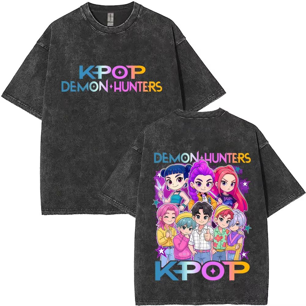 

Washed Vintage Movie KPop Demon Hunters T Shirt Kawaii Rumi Mira Zoey Print T-shirts Men Women Pure Cotton Top M