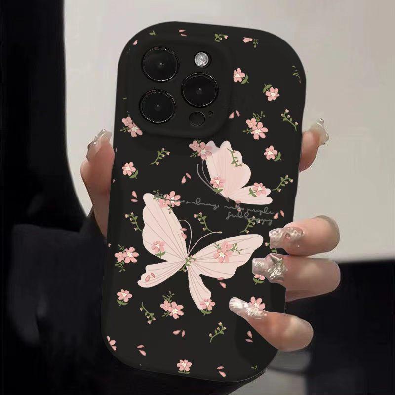 The Pink Flower Butterfly Is Suitable for Apple 15pro, Cartoon 16promax Phone Case 14plus Creative 13 Matte 12/11