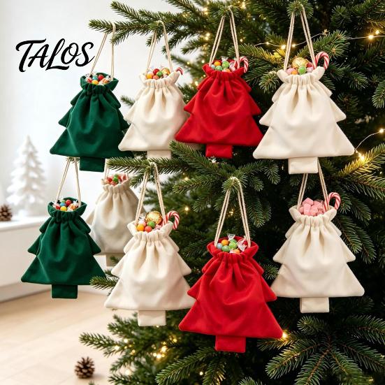 Christmas Gift Bags Tree Drawstring Presents Bag, Reusable Plush Wrapping Pouch, Party Supplies Shaped Holiday Favors Bag for Candy, Goody,