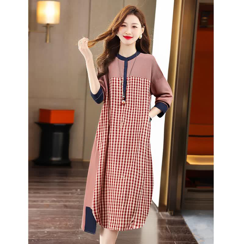 EST+II Women's Long Sleeve Plaid Patchwork Midi Casual Dress