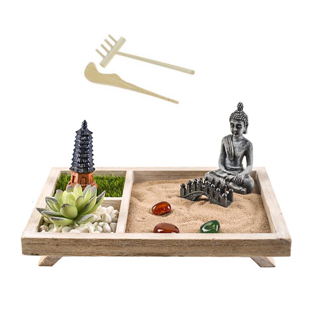 Zenes Garden Set for Desk with Rakes,Sand,Round Base,Miniature Pagoda Figure,Small Bridge Japanese Zenes Sand Garden