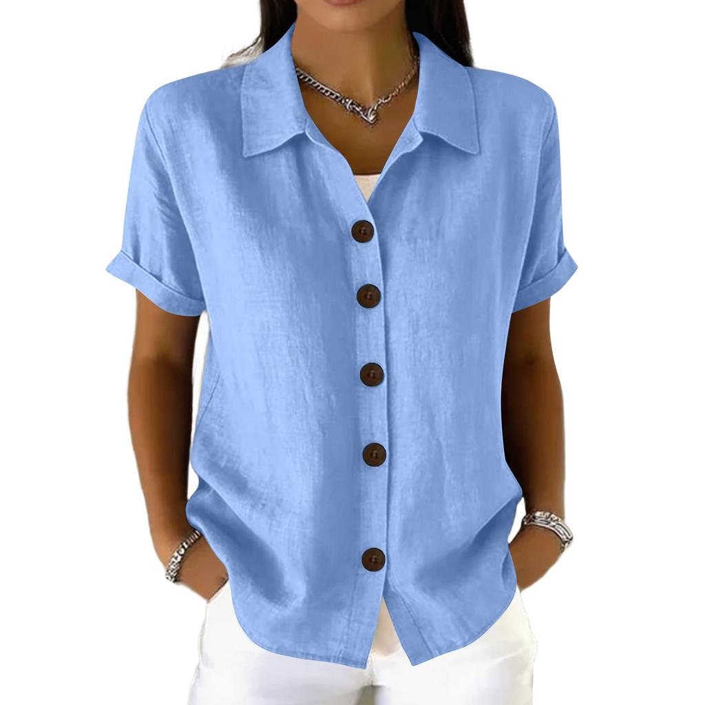 Women's Casual Comfortable Button Cotton Linen Short Sleeve Shirt Top