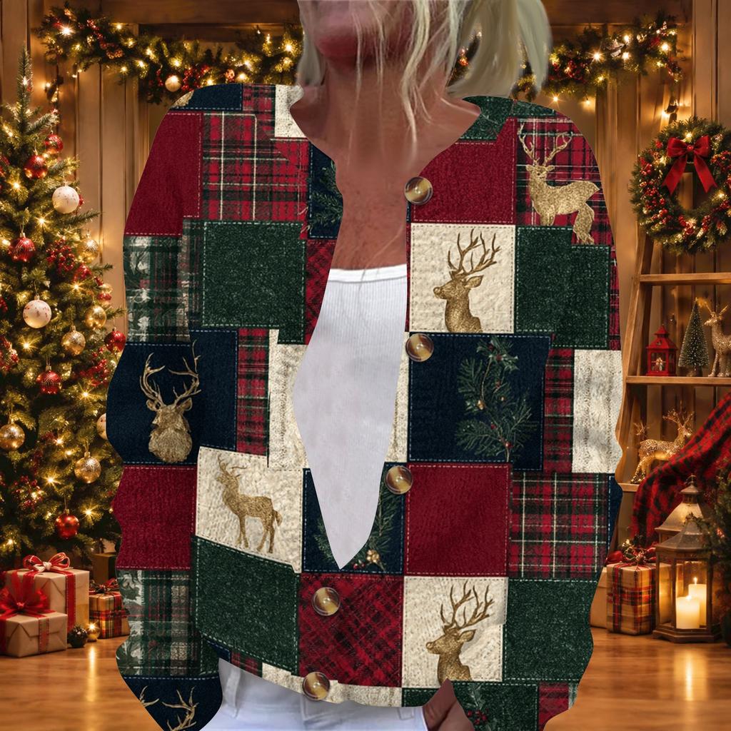 Damen Weihnachtsdruck Langarm Strickjacke Knopfleiste Pullover