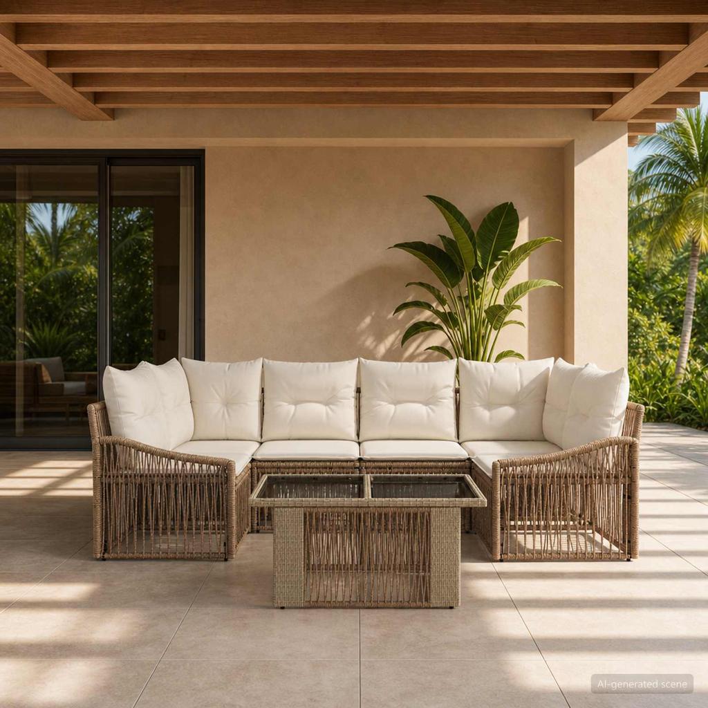 Garden Sofa Set 7 Pieces Beige and Cream White Poly Rattan
