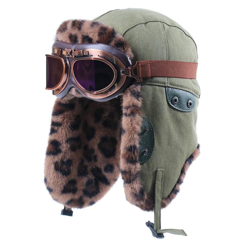 Winter Warm Fleece-Lined Canvas Beanie Hat With Ear Protection Leopard Print Unisex Outdoor Windproof Cap