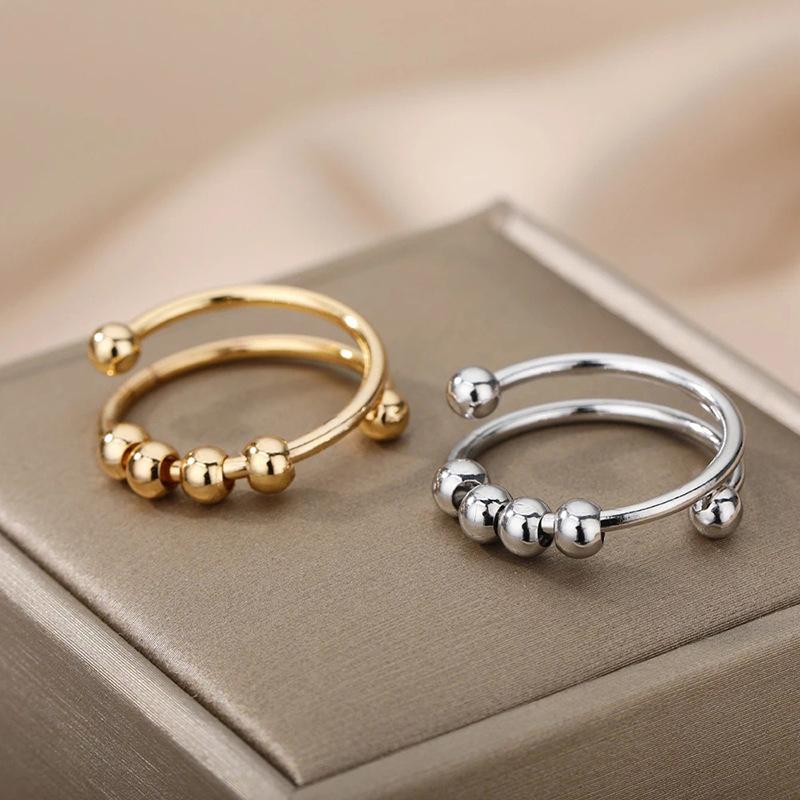 Women Silvery New Stainless Steel Double Layer Rotatable Bead Ring Fashion Adjustable Anxiety Relieving Ring