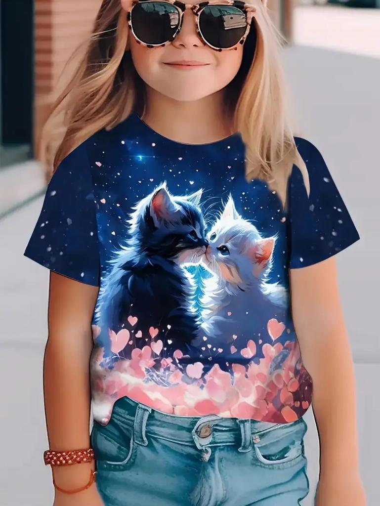Funny Cat Girl T-Shirt Summer Cartoon Graphic Girl Short Sleeve Tee Casual Round Neck Top Animal Kids Clothing Girl Clothes