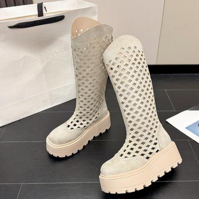 Mode Damen Hohe Stiefel Runde Spitze Flanell Mesh Reißverschluss hinten Wasserdicht Plateau Rutschfest und Abriebfest Mittelhohe Absätze