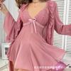 European and American large-size erotic underwear women's sexy mesh suspender nightdress loungewear robe set