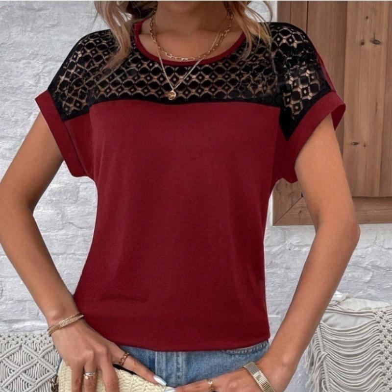 

[Кружевная отделка] Футболка бордового цвета с рукавами «летучая мышь» и кружевной отделкой — V-образный вырез, полиэстер, машинная стирка — шикарный стиль для отпуска для женщин S вино красного