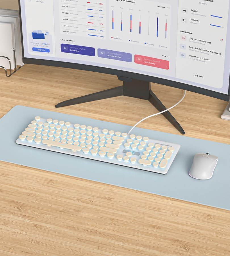 Ussixchare Wired Quiet Membrane Retro Punk Typewriter Design with Blue LED USB Gaming Keyboard with ABS Round Keycaps for Keyboard, Full-Size 104-Key