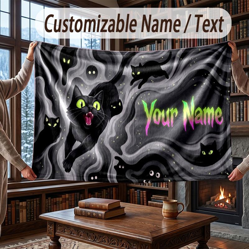 Cat Theme Throw Blanket Custom Name Text Personalized Blanket Soft Cozy Blanket for Home Sofa Bed