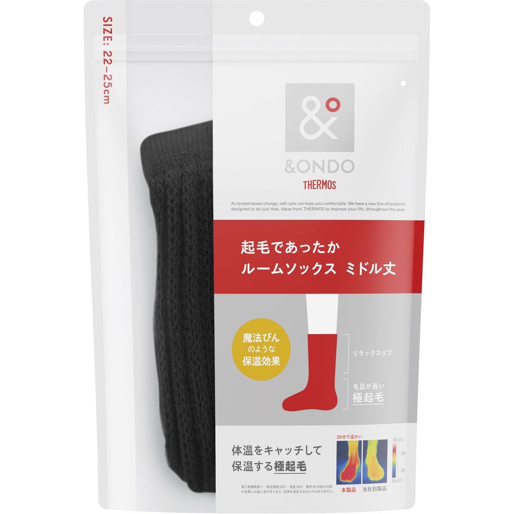 [Thermos] &ONDO Warm Fleece Lined Room Socks, Mid-Length, 22-25cm, Black - Thermal Insulation for Winter Cold Protection, Warm Cozy Socks