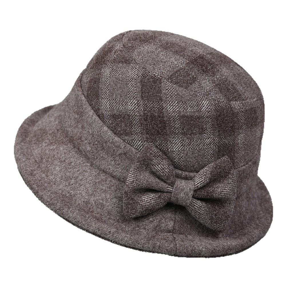 Middle-Aged Old Man Season Elegant Bow Mom Hat Female Thickened Woolen Basin Hat Grandma Plaid Bucket Hat