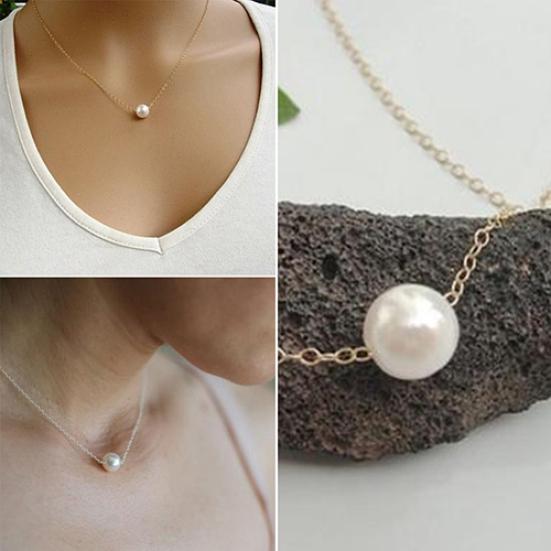 Women Fashion Simple Faux Pearl Golden Silver Alloy Choker Statement Collar Necklace