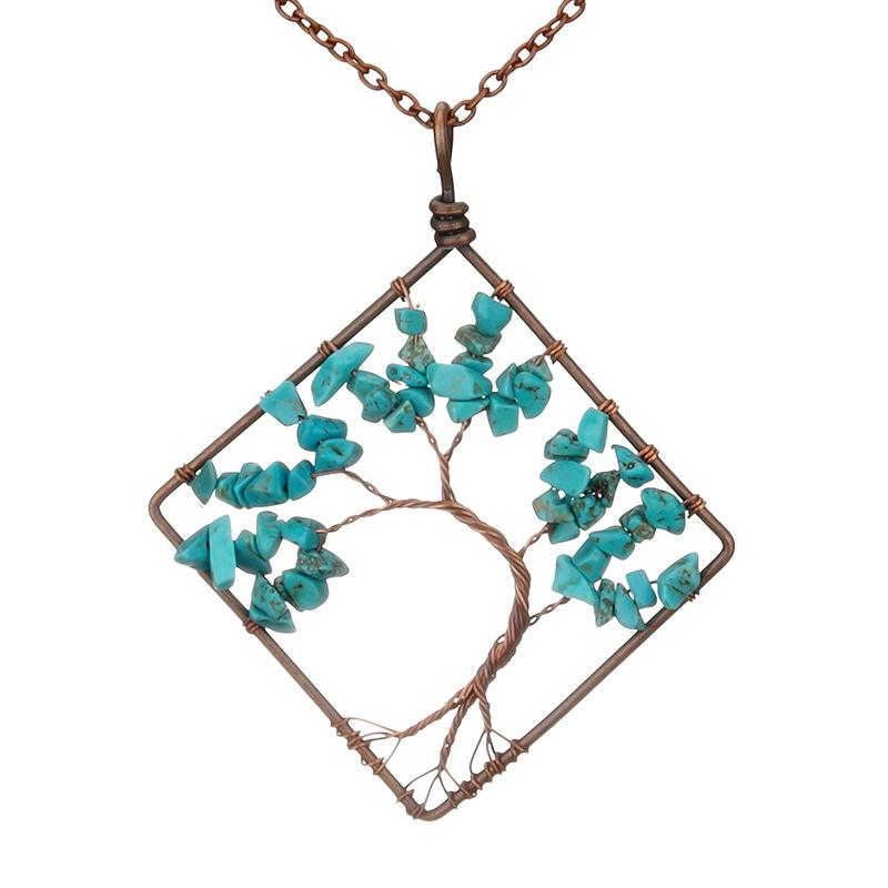 Handmade Vintage Tree of Life Necklace with Wire-Wrapped Natural Crushed Stone Crystal