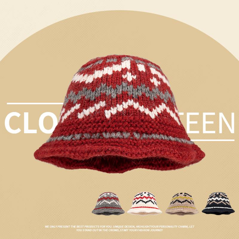 Vintage mixed-color knitted pattern hand-woven wool hat women's winter warm crimped ear hat women